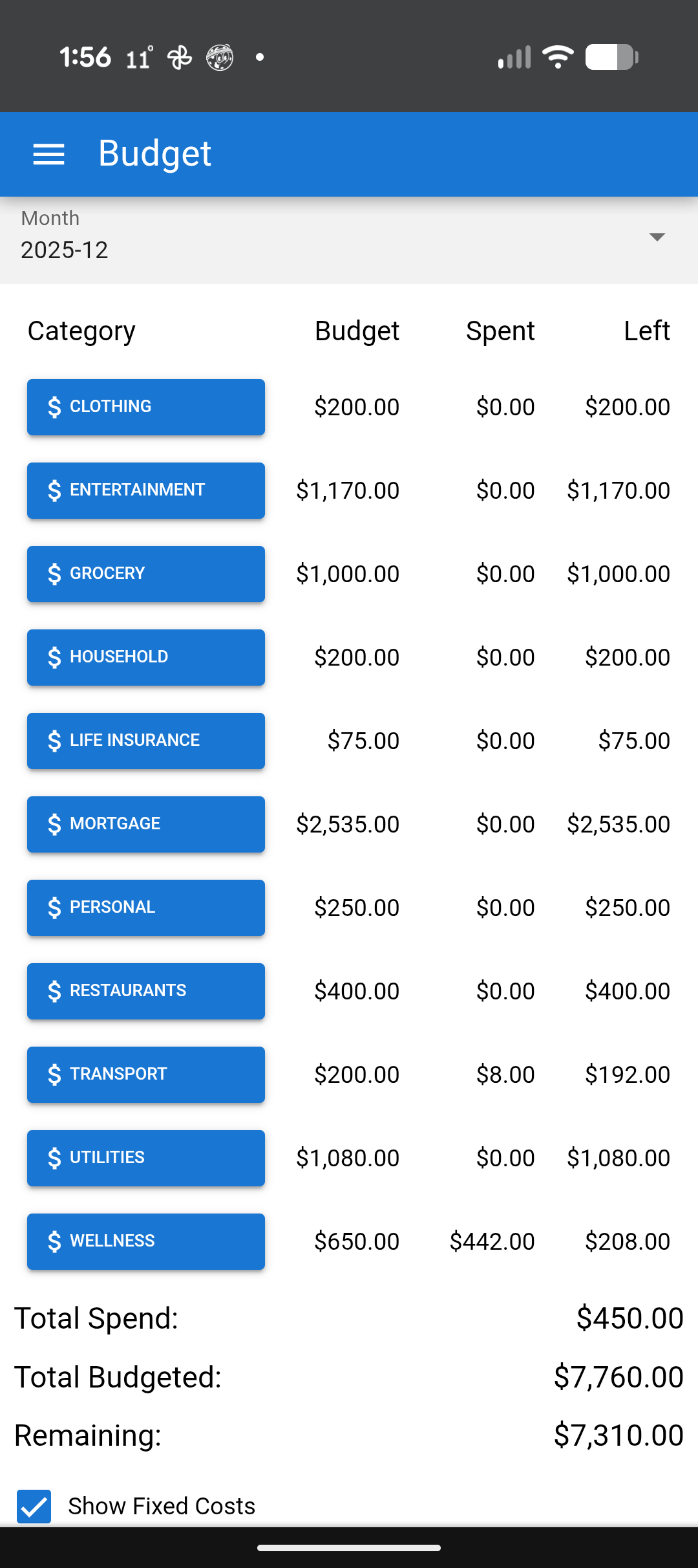 Main Budget Screen of the Quasar Web App