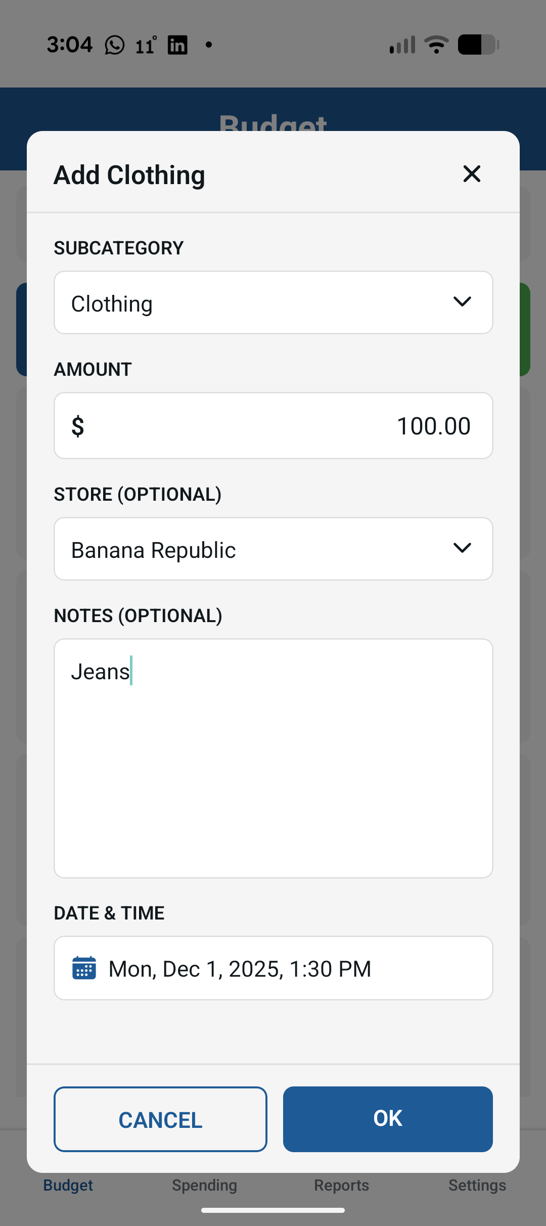Entering Receipt for Clothing on the React Native App